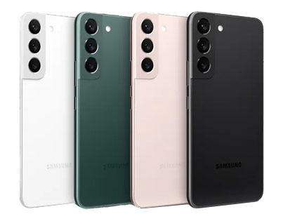 Various colours of Samsung Galaxy S22 devices standing up